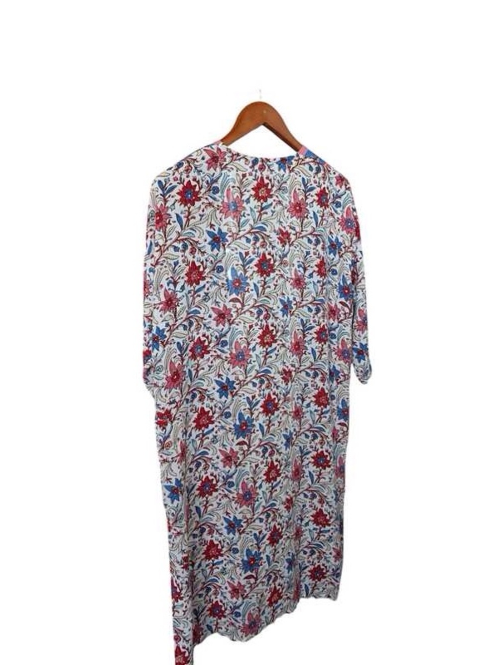 Floral Open-Front Kimono Robe in Cream with Red & Blue Trim - Picture 2 of 2